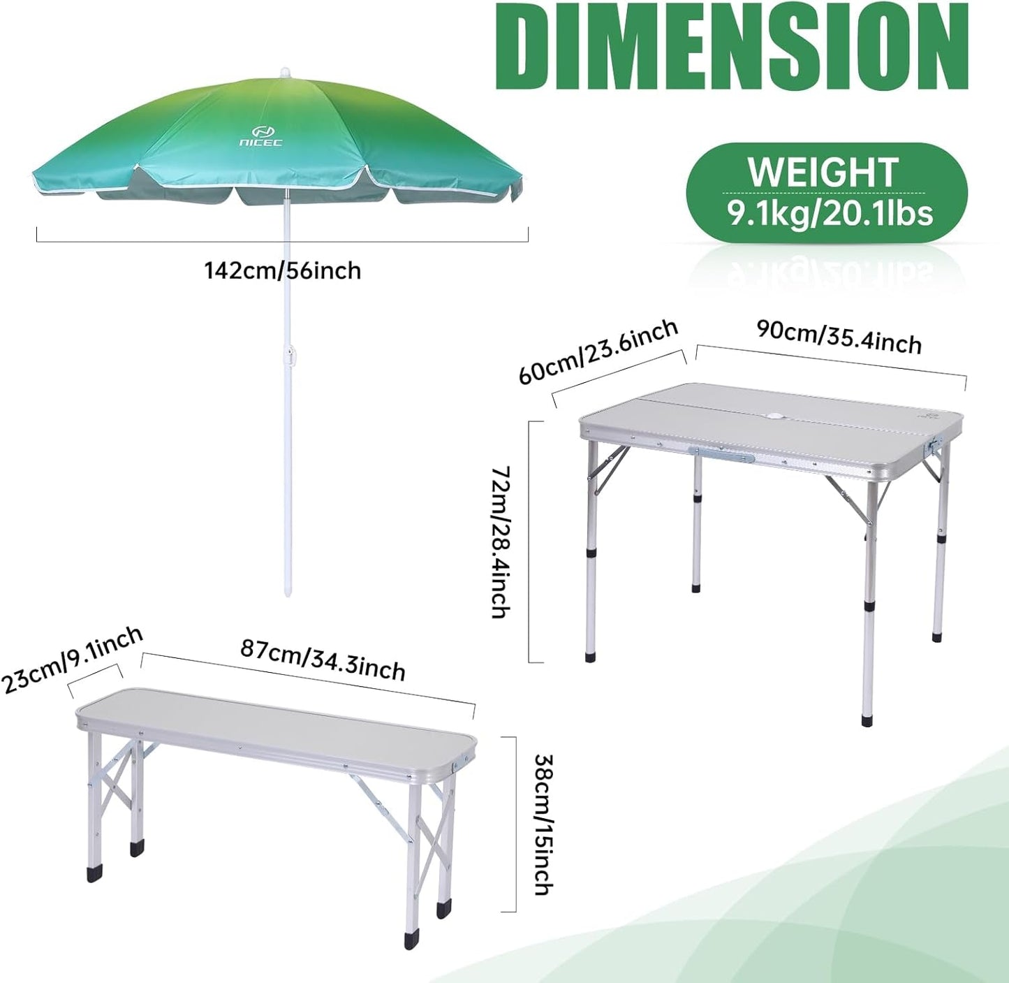 Picnic Table, Folding Picnic Table and Umbrella, Camping Table with 2