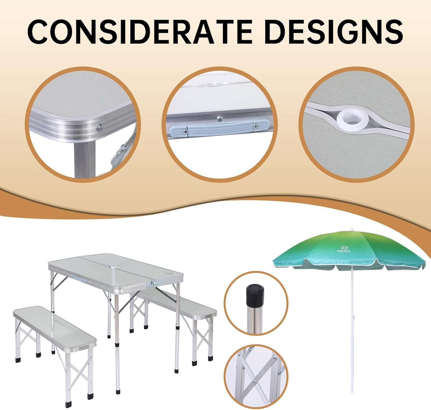 Picnic Table, Folding Picnic Table and Umbrella, Camping Table with 2