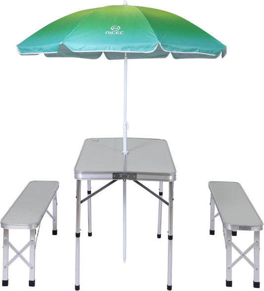 Picnic Table, Folding Picnic Table and Umbrella, Camping Table with 2