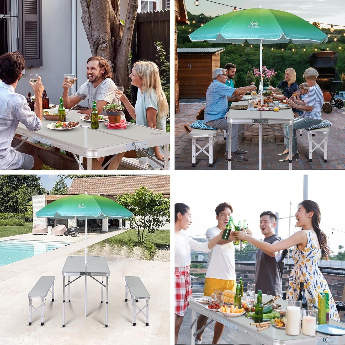 Picnic Table, Folding Picnic Table and Umbrella, Camping Table with 2
